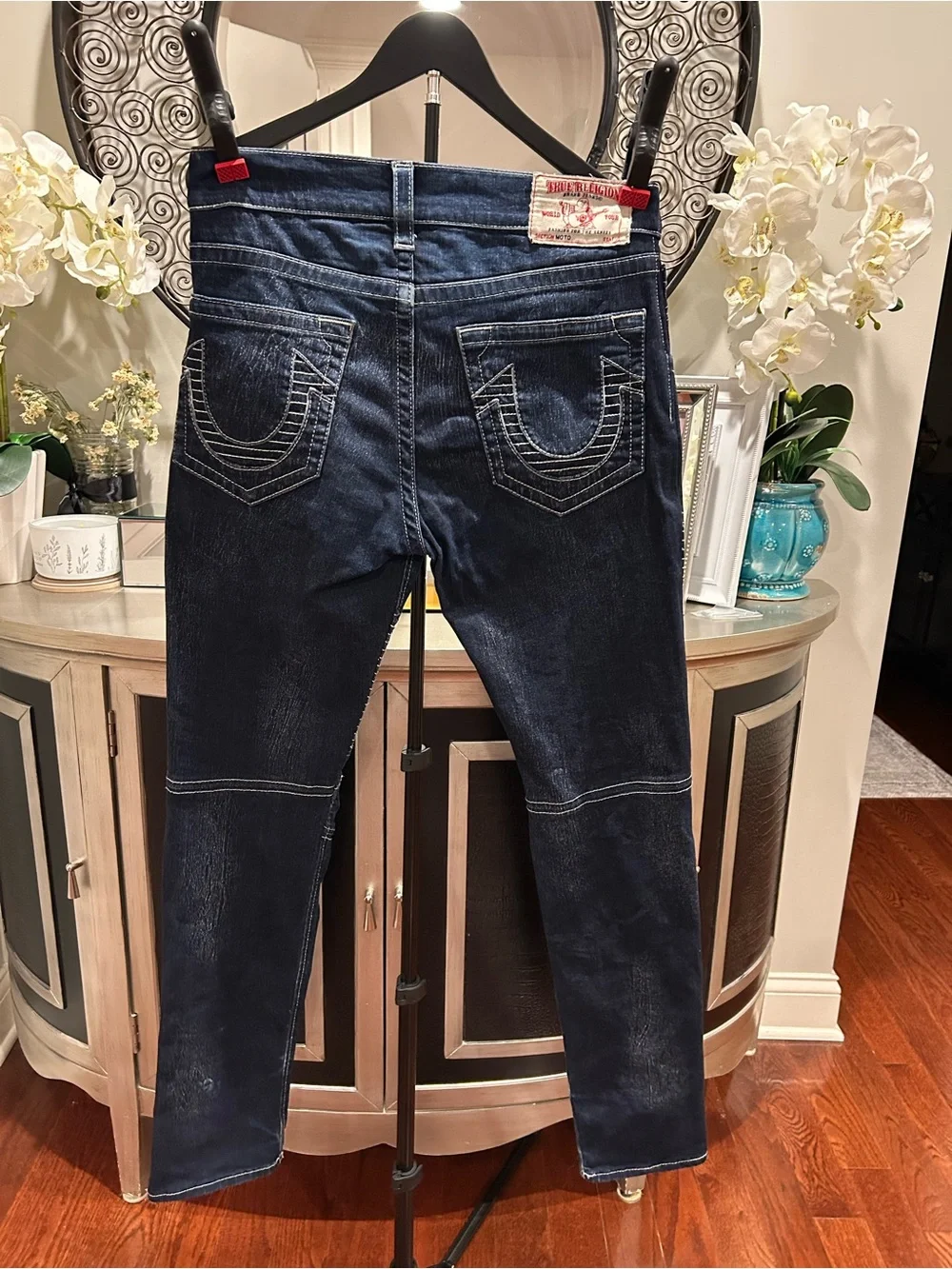 True Religion Men's Dark Indigo Moto Slim Straight Jeans